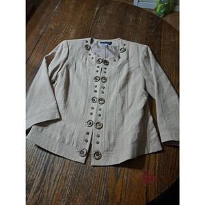 Small City Girl Nancy Bolen Tan Brown Jacket Blazer 3/4 Sleeve Cropped Accents